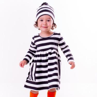 Imagem de Vestido Cotton Listrado + Touca Listrada com Pompom - Saia de Filó, 1