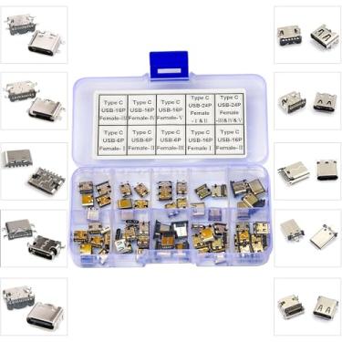 Imagem de Tcenofoxy Kit sortido de conector de montagem PCB USB macho micro USB macho tipo C 3.1 conector de montagem PCB tipo C USB 3.1 conectores de base de carregamento 6 pinos 16 pinos 24 pinos conector
