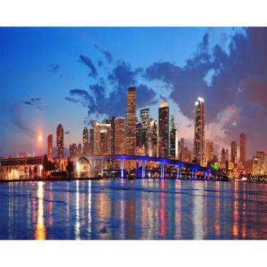 Imagem de DORCEV Pano de fundo de 3 x 2,4 m Miami Florida City Night View para fotografia, cenário noturno de Miami, suprimentos de decoração, ponte, rio, cidade, néon, visão noturna, faixa fotográfica,