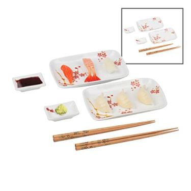 Imagem de Conjunto de sushi Mason Sucasa para quatro, inclui 4 pratos, tigelas de molho e pauzinhos, cerâmica, impressão de ameixeira em branco