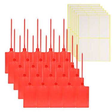 Imagem de Mini Skater 25 peças de etiquetas de plástico grande com etiquetas de etiqueta, marcador gravável de náilon autobloqueador multicolorido com etiquetas de identificação de bagagem cabo organizador de etiquetas de remessa com 30 peças de etiqueta adesiva, Vermelho