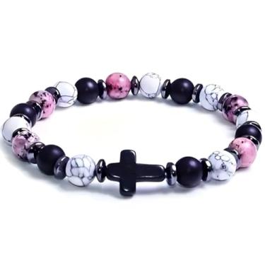 Imagem de BLUE HOPE Pulseira vintage chique com contas - Contas redondas de 8 mm com pingente de cruz preta, acessório diário perfeito e presente, disponível em 6 cores deslumbrantes, 7.48, Aço inoxidável, cruz