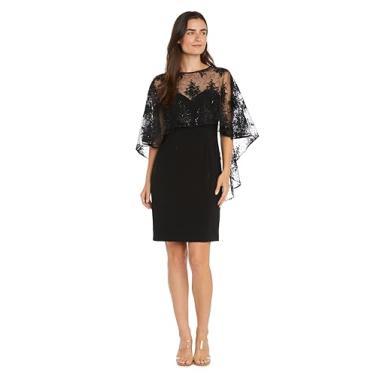 Imagem de R&M Richards Vestido de coquetel na altura do joelho com capelet de malha transparente enfeitada, Preto/Cinza-acinzentado, 46