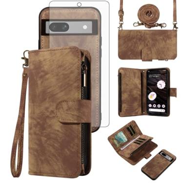 Imagem de Asuwish Capa de celular para Google Pixel 7A 5G 2023 com zíper carteira magnética com protetor de tela de vidro temperado, alça transversal para pulso flip porta-cartão de crédito Pixel7A A7 mulheres