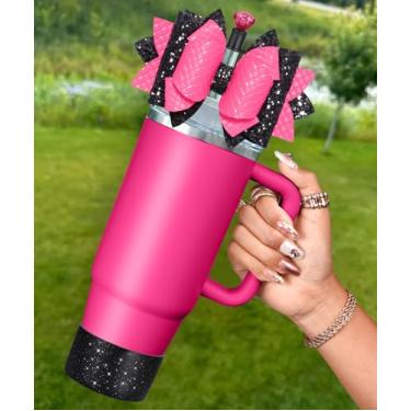 Imagem de Toykee Bota de copo com capa de canudo para Stanley 40 850 g - Topper de palha com laço rosa preto e tampas de diamante com protetor inferior, conjuntos de 3 peças para acessórios de copo