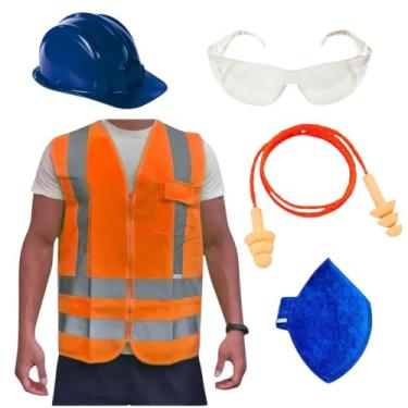 Imagem de Kit Obra Capacete de Proteção Óculos Croma Protetor Auricular Colete Refletivo Máscara PFF2 EPI (Azul, G)