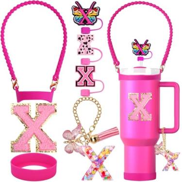 Imagem de ZYBIDEAL Stanley Cup Accessories, 3 capas de palha, alça de garrafa de silicone, bota de copo (850.5-1,134.0 g), pingente inicial e adesivo (X, rosa)