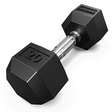 Imagem de Halteres sextavados Synergee de borracha com alça cromada. Vendido individualmente com todos os propósitos para treinamento de força e condicionamento. Disponível nos tamanhos de 2,2 kg a 22,8 kg.