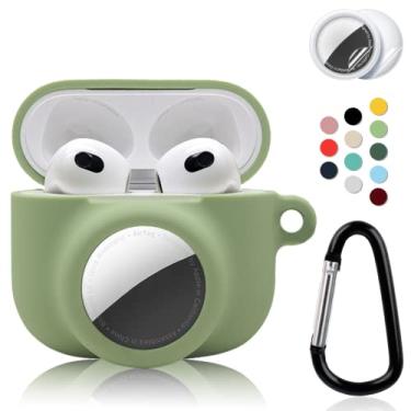 Imagem de Conjunto de capa protetora 2 em 1 compatível com Apple AirPods 3 (2021) AirTag, suporte para rastreador GPS com 2 peças protetoras de tela de TPU e chaveiro, capa de silicone macio antiperda