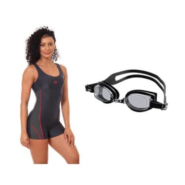 Imagem de Kit Macaquinho Hidroginástica + Óculos Natação Uv+ Antiembaçante (Grafite/Pitanga Óculos - Preto, GG)