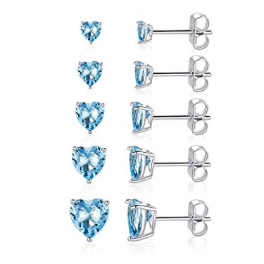 Imagem de MDFUN Brinco banhado a ouro branco 18K com pedra do mês de zircônia cúbica cortada em forma de coração, pacote com 5 pares, Latão, Zircônia cúbica,