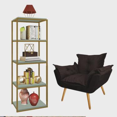 Imagem de Kit Poltrona Fatte com Estante Livreiro Ferro Dourado mdf Verde Oliva Suede Marrom - Ahazzo Móveis