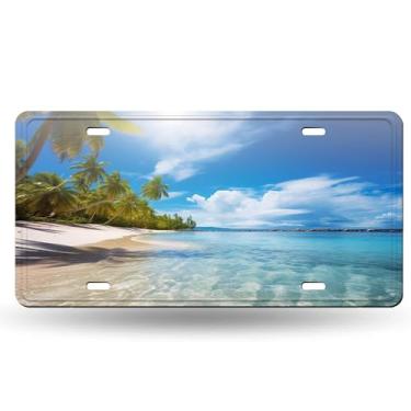 Imagem de Capa de placa de carro estilo praia de verão de planta tropical de coqueiro - etiqueta de carro artística de alumínio, à prova de ferrugem, design exclusivo - 15 x 30 cm