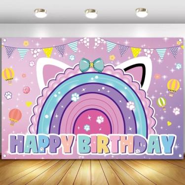 Imagem de Pano de fundo para fotografia de feliz aniversário com tema de gato de desenho animado, 1,5 x 0,9 m, faixa de fotos com fundo de arco-íris, adereços para crianças, meninas, meninos, aniversário, chá