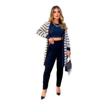 Imagem de Conjunto Feminino Festa Calça Com Blusa E Cardigan Listrado Moda Outon