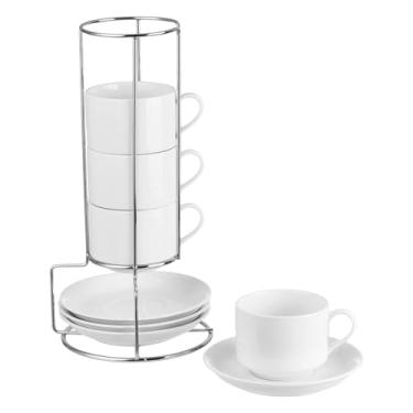 Imagem de CHILDIKE Copos de cappuccino de porcelana de 227 g com pires e suporte de prata, conjunto de 4 copos brancos