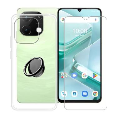 Imagem de YQINHHME Capa transparente para Umidigi Note 100A (6,8 polegadas) com 1 x vidro temperado + suporte de anel de metal para celular de 360°, capa fina de silicone macio de grau militar TPU à prova de