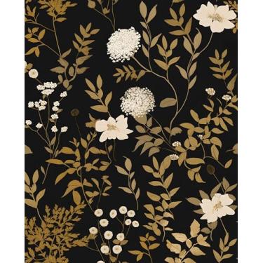 Imagem de Papel de parede floral escuro 44,5 cm x 299,7 cm vintage folha dourada preta vinil impermeável autoadesivo boho botânico mural de papel de parede para paredes de armário de cozinha