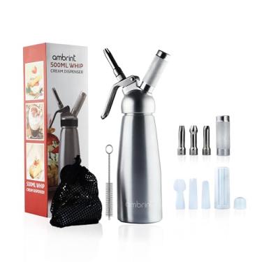 Imagem de Ambrint Dispensador de chantilly - Recipiente de alumínio resistente com 6 bicos decorativos (aço inoxidável e plástico), escova de limpeza e saco de armazenamento – Máquina de chicote premium para