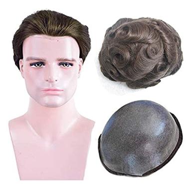 Imagem de Peruca masculina Toupee de cabelo humano macio e fino com sistema de cabelo humano virgem europeu com laço em V, peça de reposição para homens espessura 04 mm, cabelo liso texturizado, 20 x 25 cm, loiro escuro #5 cor da Amiable