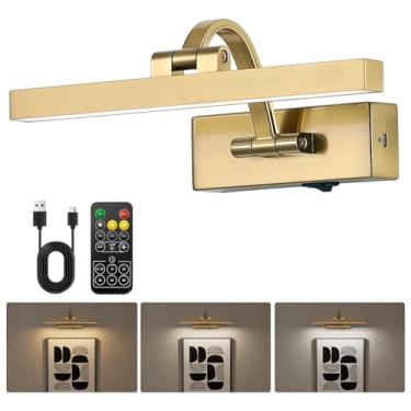 Imagem de DarHorz Luz de imagem com controle remoto, 3 cores, luzes artísticas sem fio para pinturas, arandela giratória recarregável, alimentada por bateria, luz regulável sobre moldura para galeria, latão