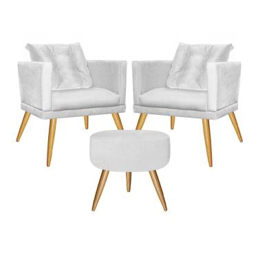Imagem de Kit 02 Poltrona Com Almofada Solta E Puff Kim Luxo Confort Pé Carvalho Sala Branco - Amey Decor