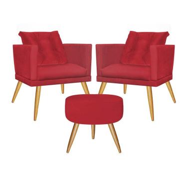 Imagem de Kit 02 Poltrona Com Almofada Solta E Puff Kim Luxo Confort Pé Caramelo Sala Vermelho - Amey Decor
