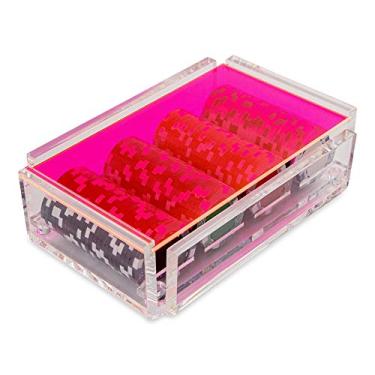 Imagem de Luxe Dominoes Conjunto de fichas de pôquer La Ficha, 100 fichas resistentes pesadas, inclui 4 fichas coloridas para jogos de azar, caixa de acrílico feita à mão com tampa colorida (rosa neon)