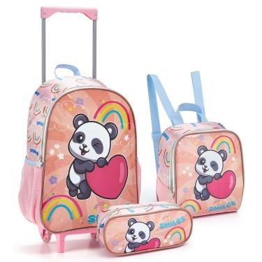 Imagem de Kit Mochila Rodinhas Lancheira Estojo Escolar Infantil Panda Seanite