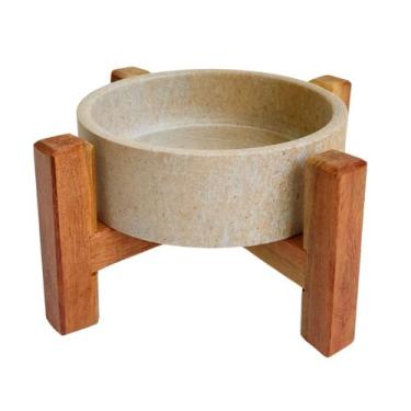 Imagem de Comedouro Gatos Cachorro 2 Alturas Madeira Pote Pedra Sabão - Ô Bichim
