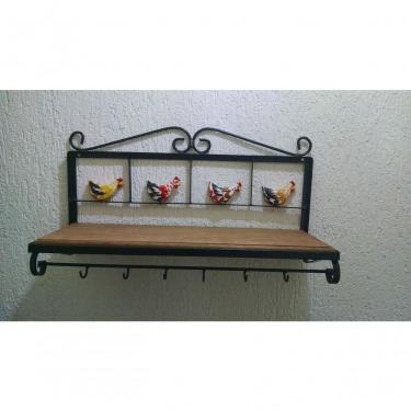 Imagem de Prateleira Cozinha Ferro Galinhas Madeira 60 Cm Largura