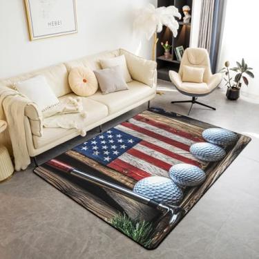 Imagem de Tapete de área infantil com estampa de golfe americano 1,5 x 1,80 m, decoração de bandeira americana 3D, tapete antiderrapante para adolescentes e adultos, tema de jogos esportivos, tapete interno