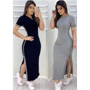 Imagem de vestido feminino longo gola rasa manga curta detalhe listra fina na la