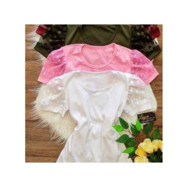 Imagem de Blusa feminina malha canelada gola redonda manga curta princesa tule -