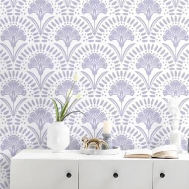 Imagem de Vinjiasin Papel de parede Peel and Stick Boho Roxo Floral Contato Papel de Parede Roxo/Branco Flor Papel de Parede Moderno Geométrico Autoadesivo Removível Papel de Parede Rolo de Vinil para Banheiro
