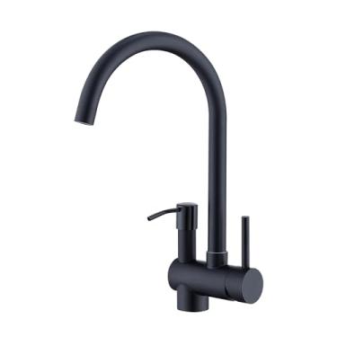 Imagem de Trysea Torneira de cozinha com dispensador de sabão para um orifício de montagem, torneiras de pia de cozinha de aço inoxidável, torneiras pretas foscas de manípulo único, giratórias de 360°