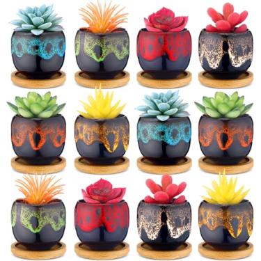 Imagem de RimCereal 12 vasos de suculentas de 6 cm mini vasos de flores de jardim de cerâmica com drenagem e bandeja de bambu para plantas de jardim interno vaso de flores colorido (Oval, 5 cm A)