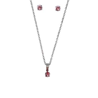 Imagem de Conjunto Feminino Colar e Brinco Aço Inox com Ponto de Luz Pedra da Lua Cores Rosa, Azul, Verde e Vermelho Antialérgico (Rosa)