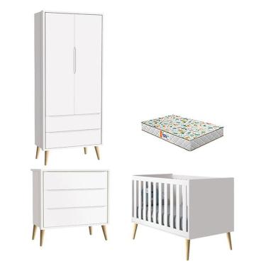 Imagem de Quarto De Bebê 2 Portas E Cômoda Gaveteiro Theo Branco Pés Madeira Natural Com Colchão Gazin ? Reller
