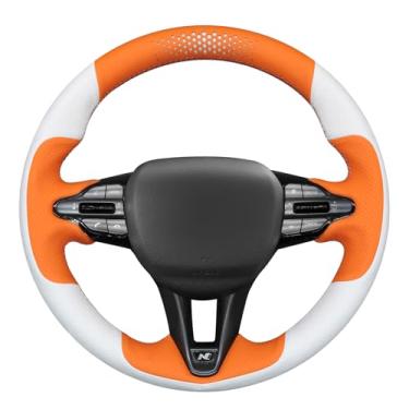 Imagem de MEWANT Capa de volante de couro branco costurado à mão para Hyundai Elantra (N Line) 2021-2024/Elantra N 2022-2023/Kona N 2022-2023/Veloster N 2019-2022