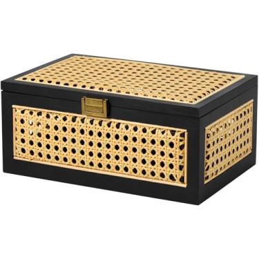 Imagem de VinneGenzz Caixas de armazenamento de vime cestas decorativas de madeira natural feitas à mão com tampa moldura de madeira boho rústica caixa de vime empilhável caixotes de cana de tecido prateleira