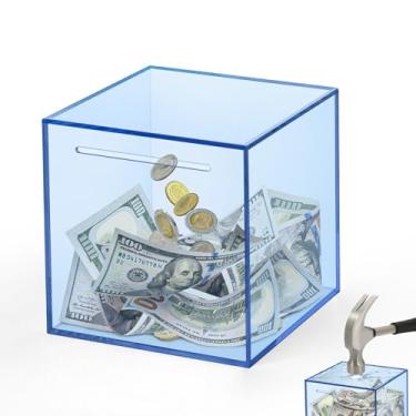 Imagem de Imeepa Cofrinho transparente para adultos e crianças – Caixa de acrílico para dinheiro e moedas, deve quebrar para abrir, cofrinho não aberto para meninos e meninas (azul, 12 cm)
