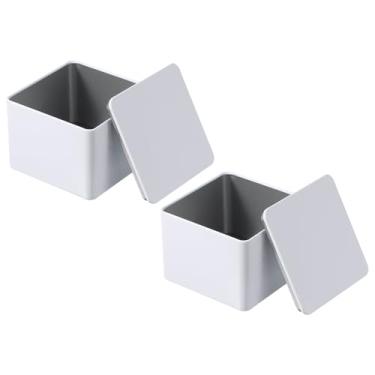 Imagem de PATIKIL Caixa de lata retangular 8,5 x 8,5 x 6,5 cm, 2 peças de caixa de metal para armazenamento portátil com tampa para chá, doces, presentes, lembrancinhas, velas, joias e artesanato, branca