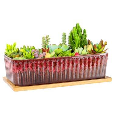 Imagem de Vasos de suculentas – vasos de suculentas grandes de 30,5 cm com bandeja de drenagem, plantador de peitoril de janela, vasos de cerâmica retangulares longos para cactos de interior, bonsai raso, caixa