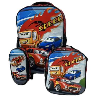 Imagem de Kit De Mochila Escolar Infantil Masculina Carros 3D Com Rodinhas Em Silicone Acompanha Lancheira Termica E Estojo Kit De Mochila Resistente