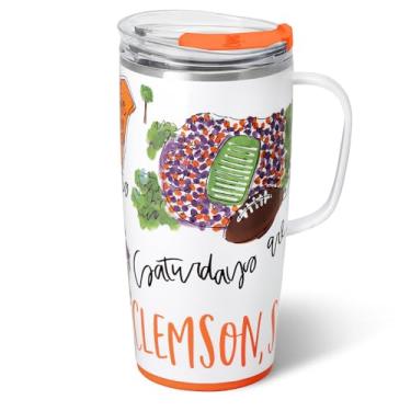 Imagem de Swig Life Caneca de viagem de 623 g, copo isolado com alça e tampa, caneca de café de viagem, compatível com porta-copos, copo de aço inoxidável de 623 g, reutilizável isolado com tampa (sábados em