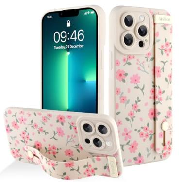 Imagem de AIGOMARA Capa para iPhone 13 Pro Max com alça para mulheres e meninas, linda estampa floral rosa, capa protetora de silicone com suporte de faixa macia, branca