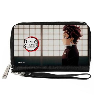 Imagem de Buckle-Down Carteira Aniplex, zíper ao redor, Demon Slayer Tanjiro Kamado perfil pose e logotipo do título, couro vegano