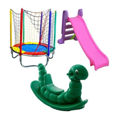 Imagem de Kit Infantil Cama Elástica 1,40m Escorregador Médio Gangorra Minhoca
