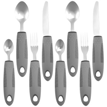Imagem de 8 peças de utensílios adaptáveis de aço inoxidável para adultos, conjunto completo de talheres com peso antiderrapante, fácil de segurar para idosos e pessoas com mãos apertadas